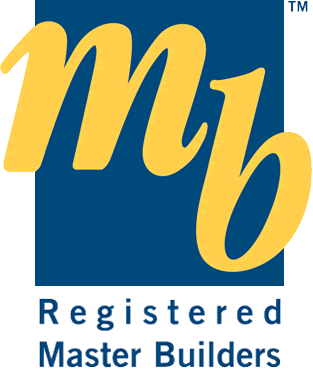 a blue and yellow logo for registered master builders