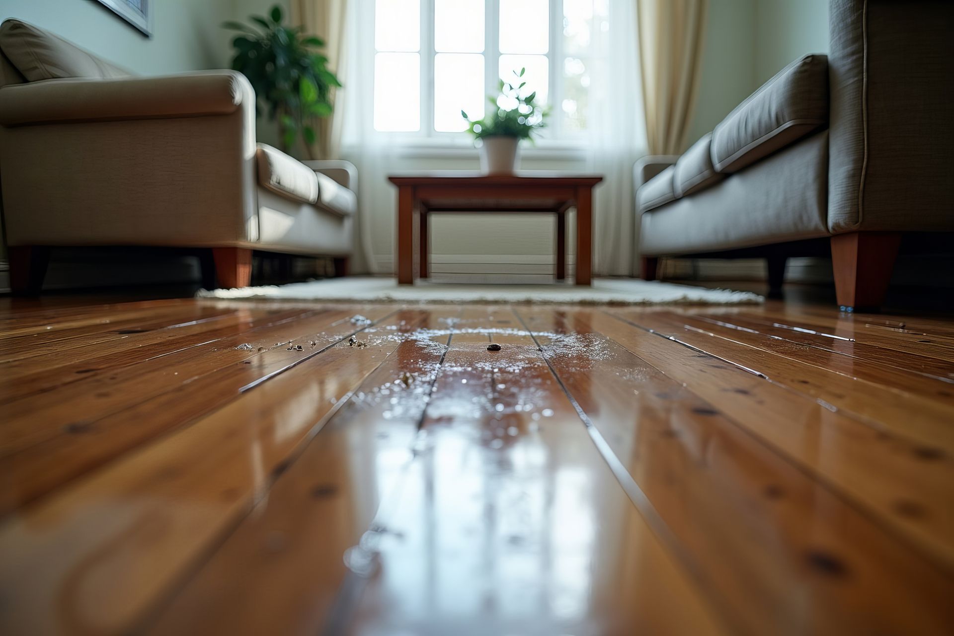Standing water on hardwood floors highlighting the need for home water damage restoration. Standing water on hardwood floors highlighting the need for home water damage restoration.