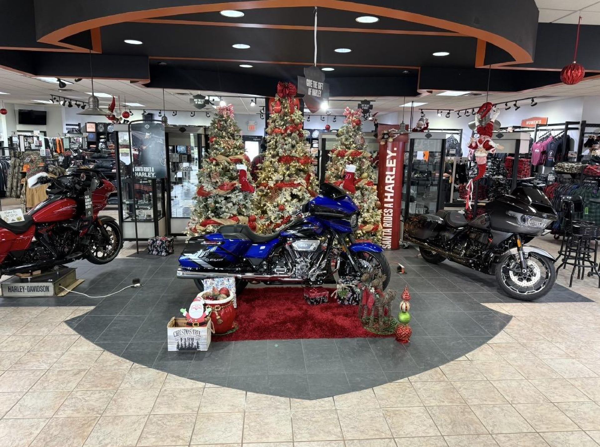 Three Harley-Davidson motorcycles are displayed in a dealership showroom decorated with festive Christmas trees.