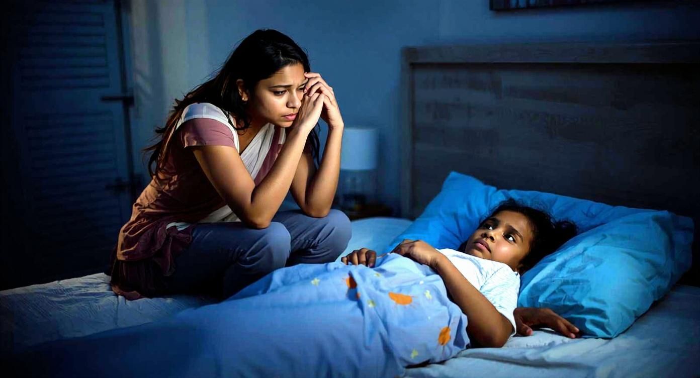 Tired mother sitting on edge of child's bed at night