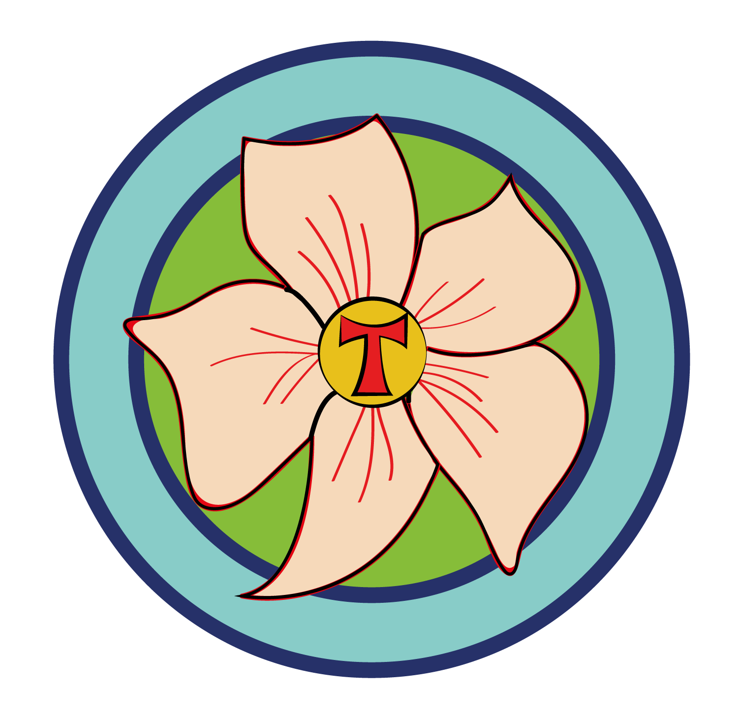 En blomst med bogstavet t i midten som repræsenterer Præstø Litteraturfestivals logo
