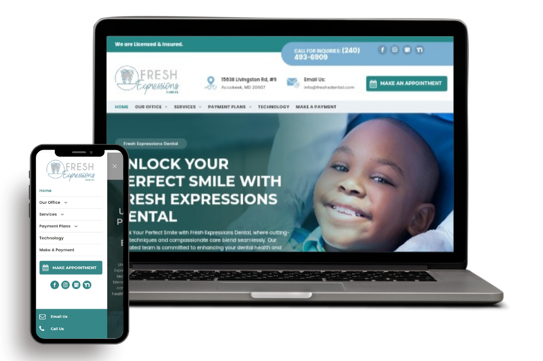A laptop and a cell phone are displaying a website for a dental office.