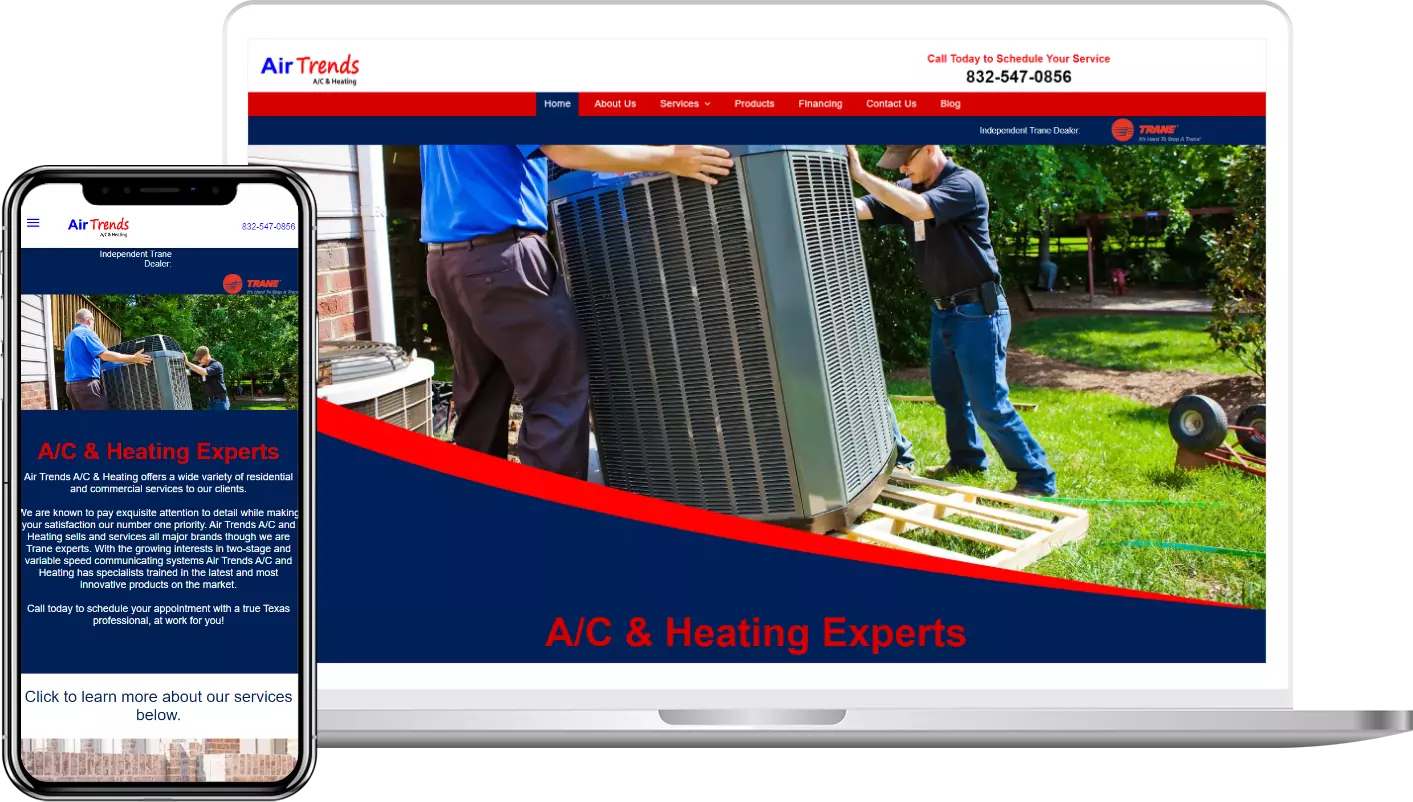 A laptop and a cell phone are displaying a website for a company called a c & heating exports.