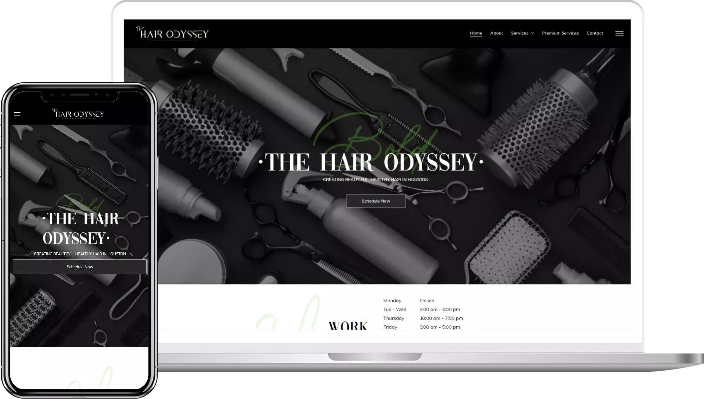 A laptop and a cell phone are displaying a website for a hair salon.