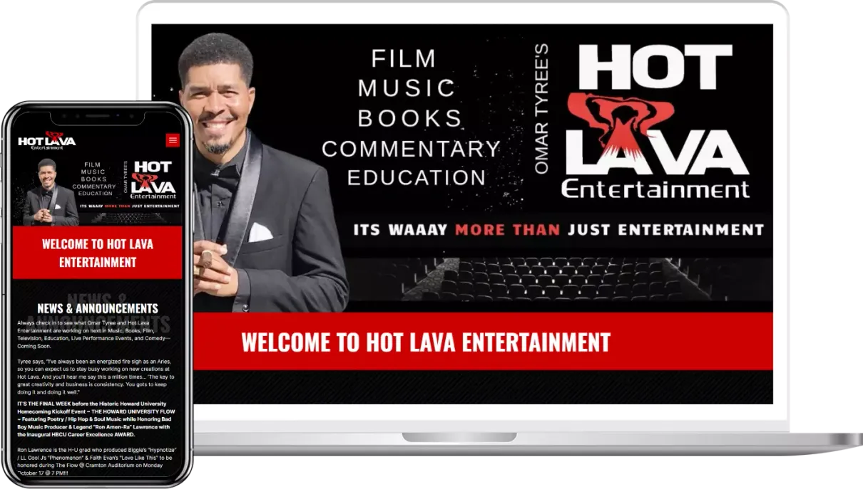 A laptop and a cell phone are displaying a website for hot lava entertainment.