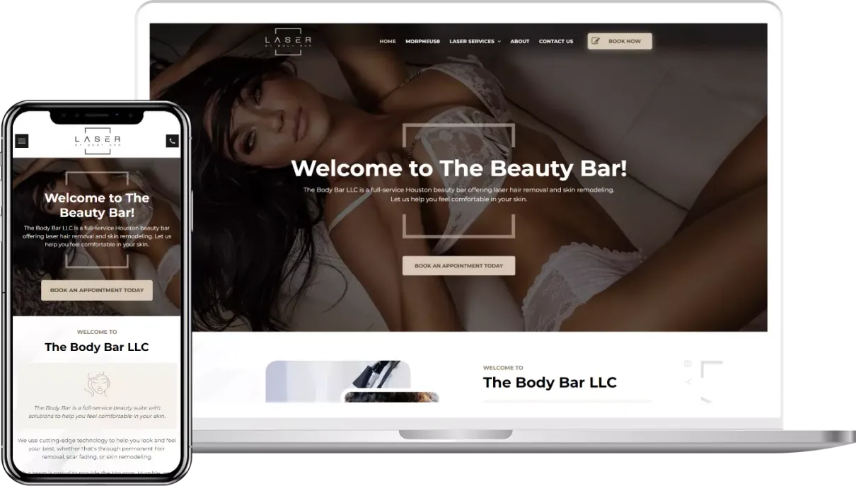 A laptop and a cell phone are displaying a website for the beauty bar.