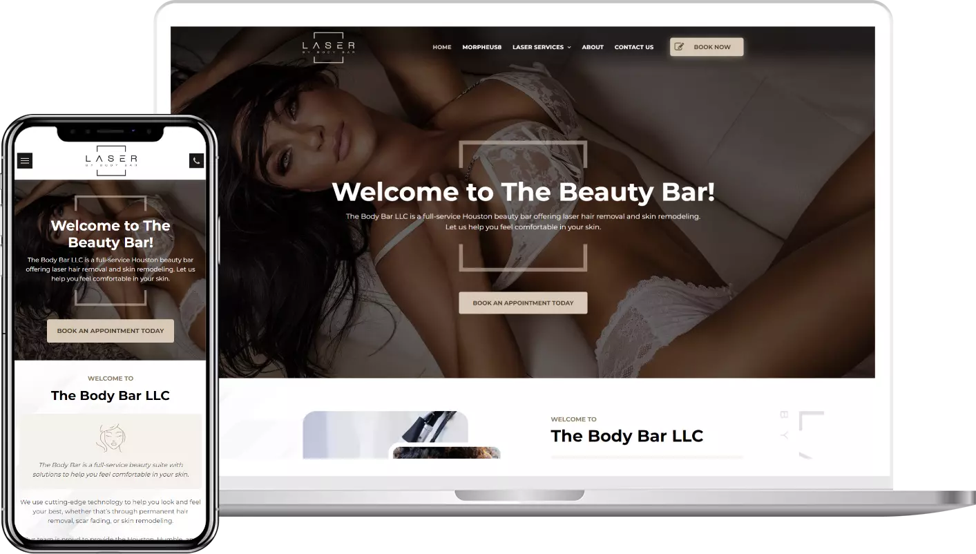 A laptop and a cell phone are displaying a website for the beauty bar.