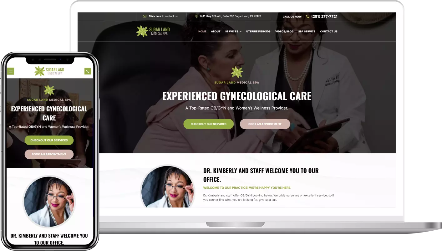A laptop and a cell phone are displaying a website for experienced gynecological care.