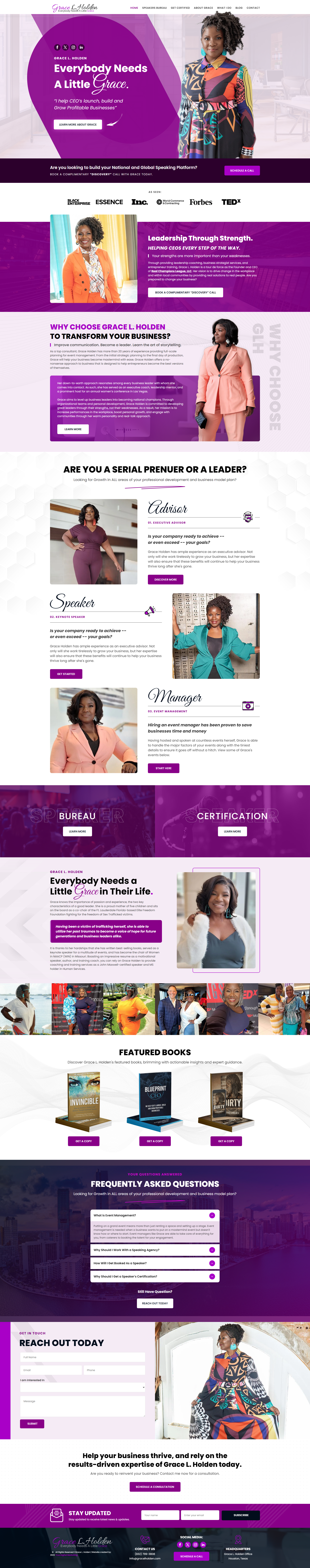 A purple and white website with a lot of pictures on it.
