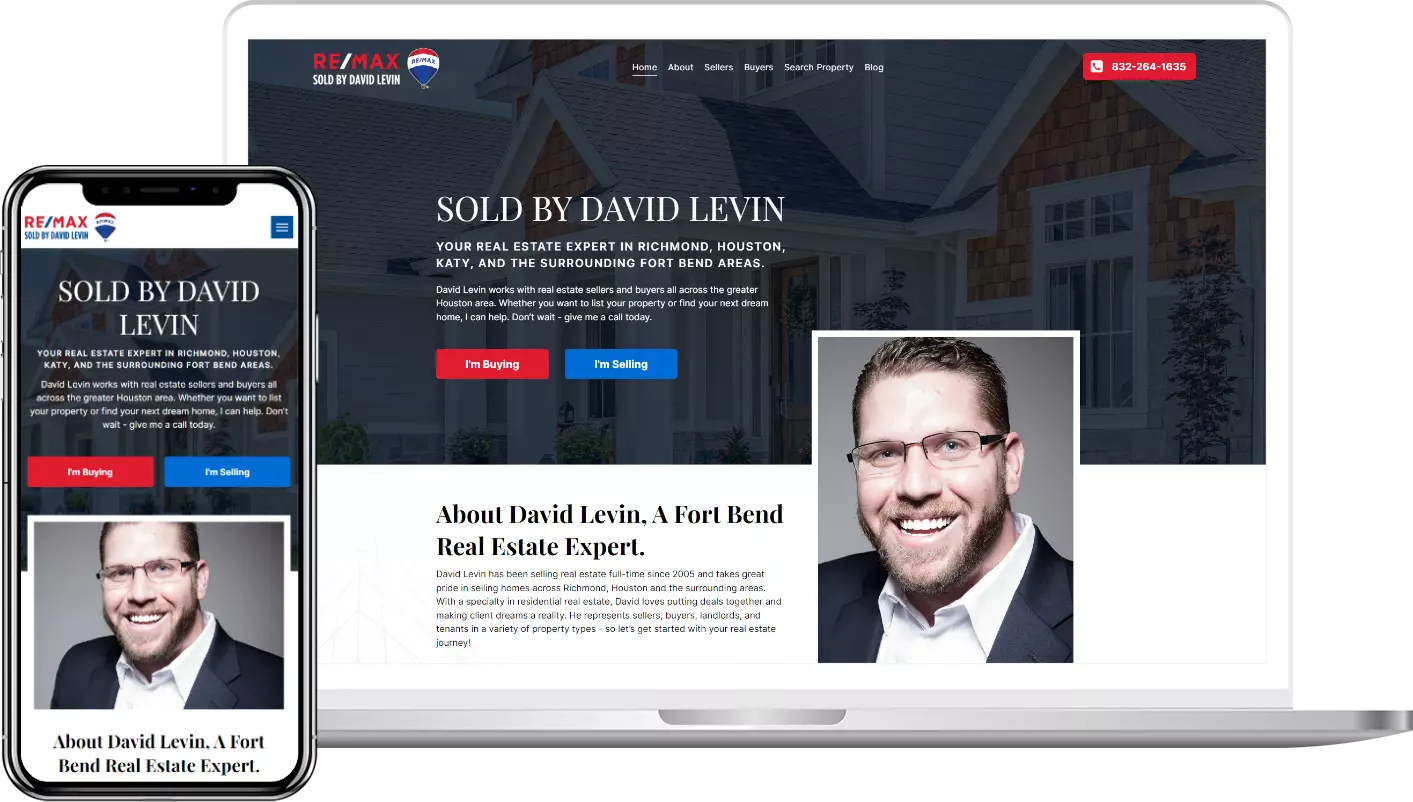 A laptop and a cell phone are displaying a website for a real estate agent.