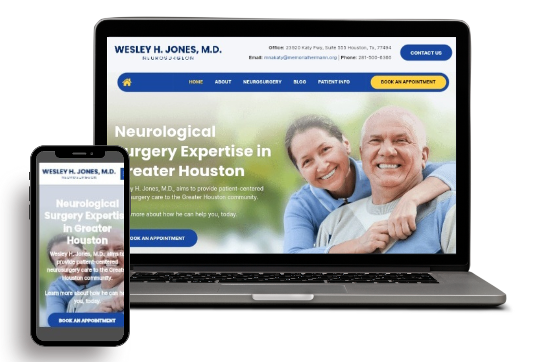 A laptop and a cell phone are displaying a website for a neurological surgery expertise in salter houston.