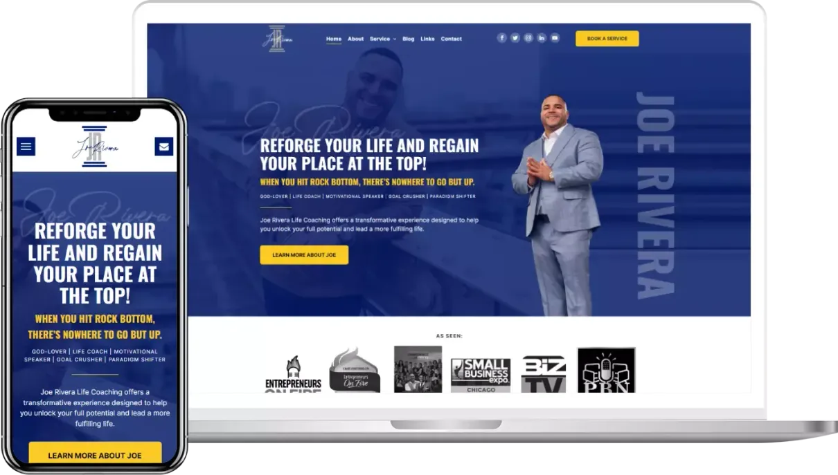 A laptop and a cell phone are displaying a website for joe rivera.