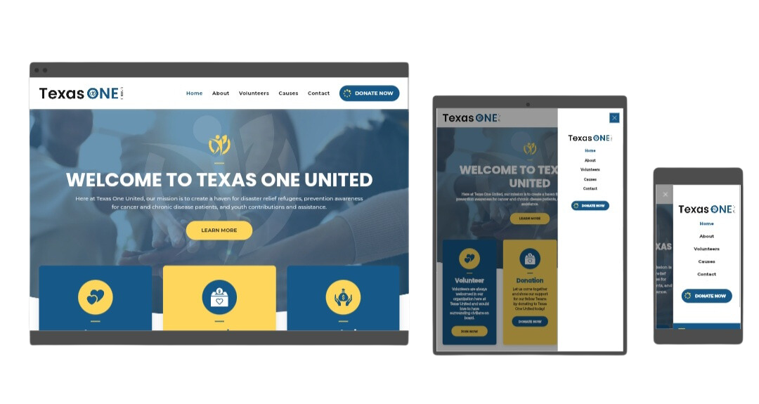 A texas one united website is displayed on a tablet , phone , and computer.