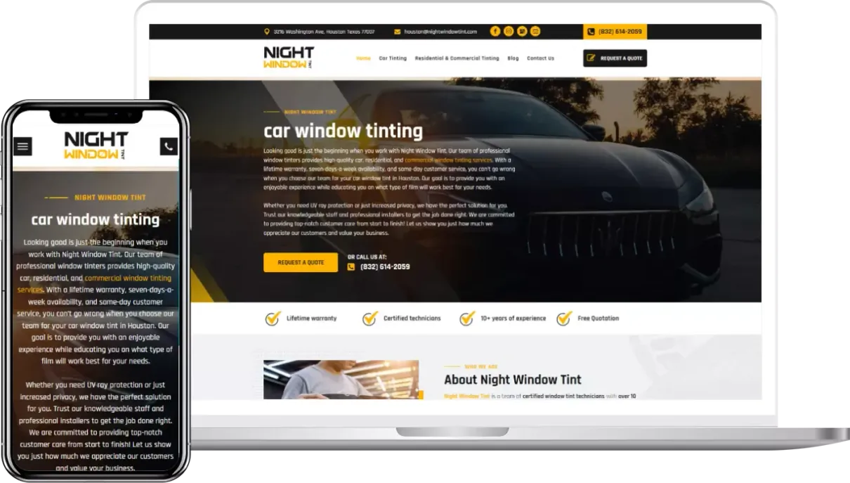A laptop and a cell phone are displaying a website for car window tinting.