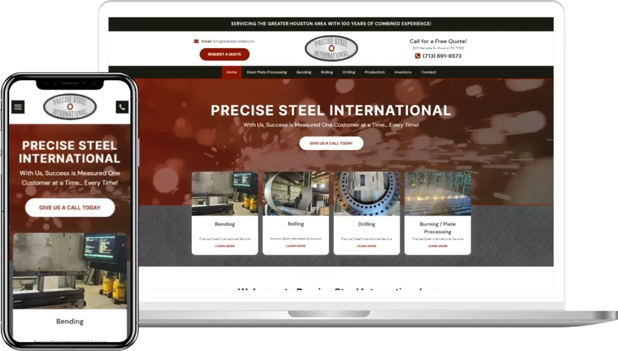A laptop and a cell phone are displaying a website for precise steel international.