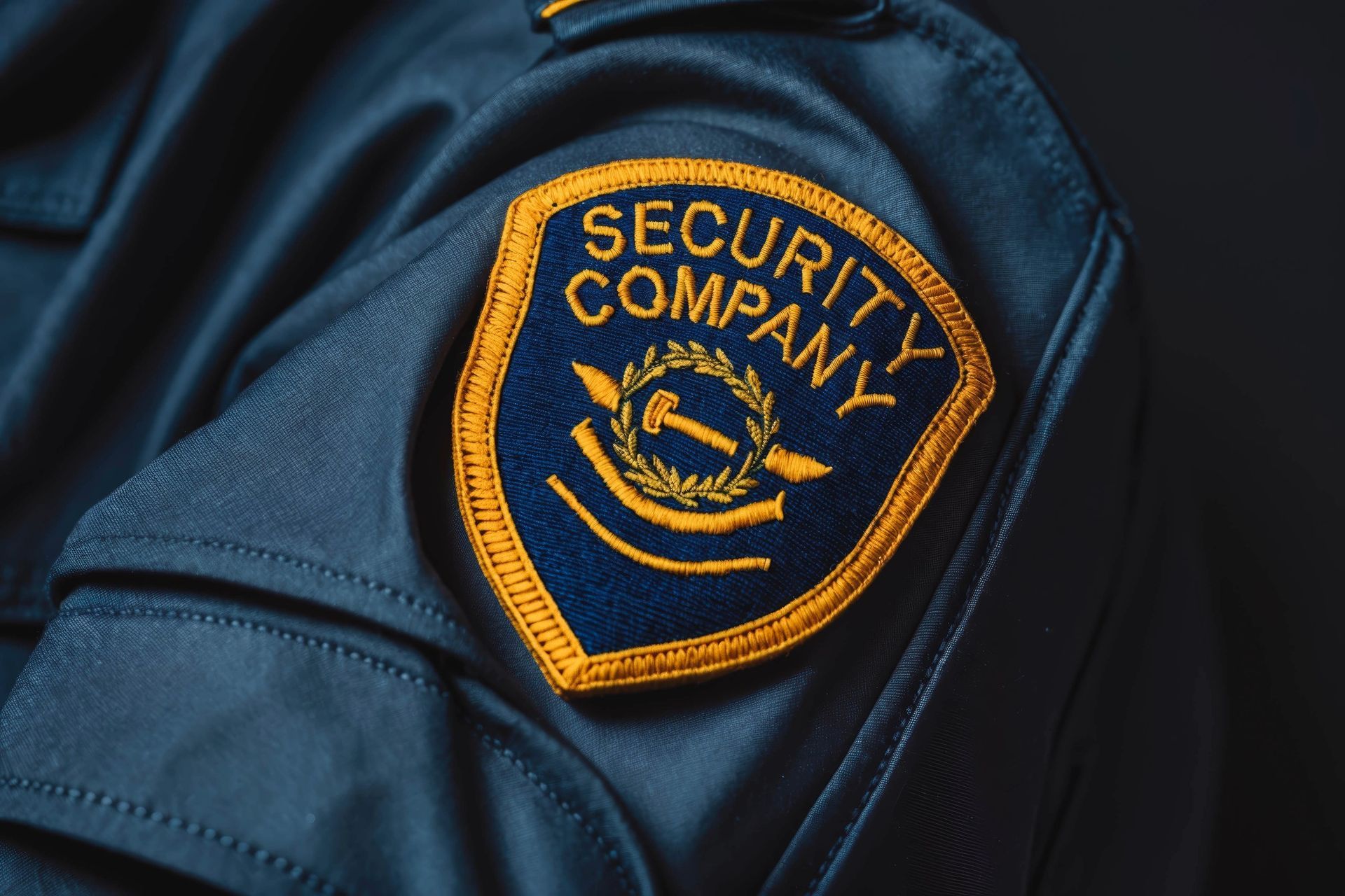 Security company badge on a dark blue uniform. Gold lettering and design on a navy blue patch.
