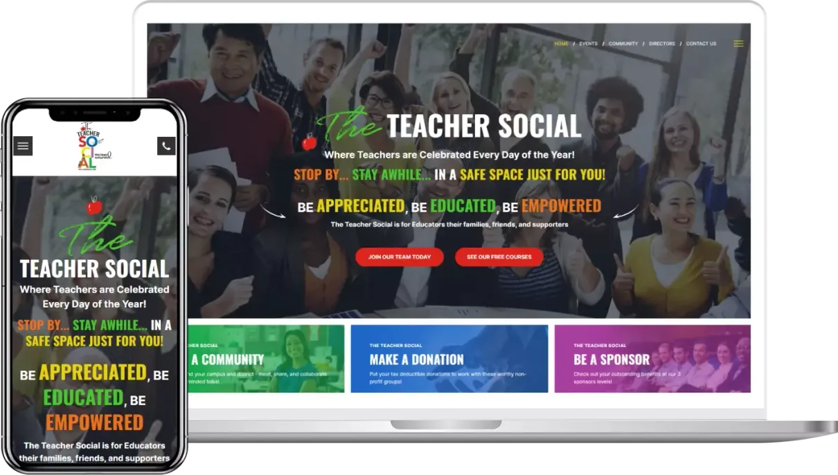A laptop and a cell phone are displaying a teacher social website.