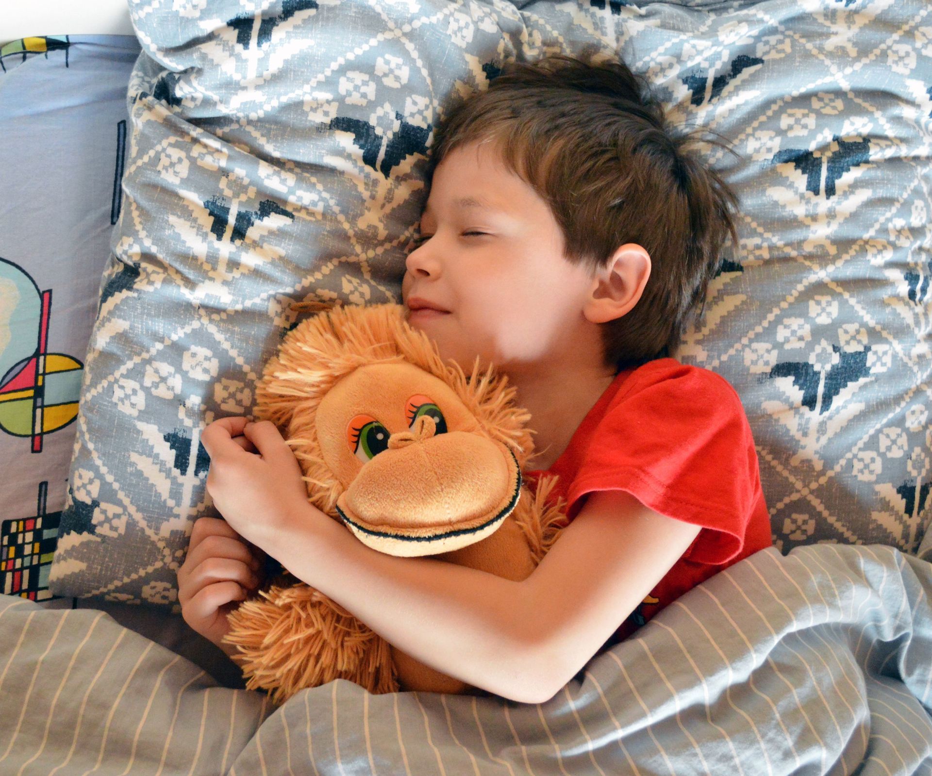 Child sleeping in bed, hugging a plush lion toy under a gray patterned blanket.