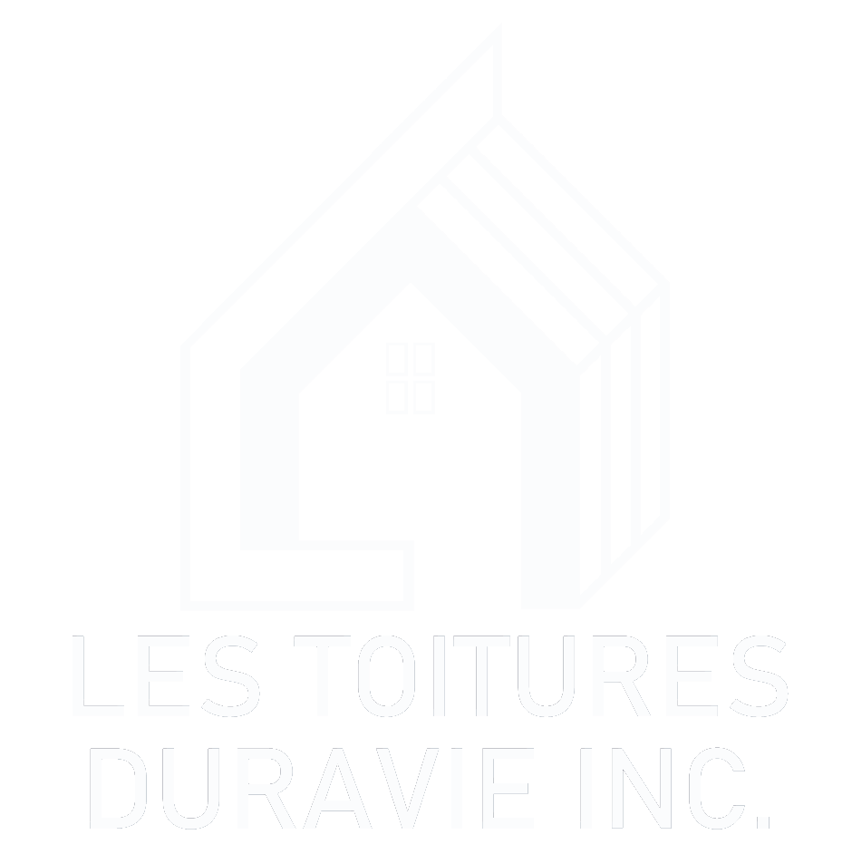 Logo blanc pâle et texte « LES TOITURES DURAVIE INC. » sur fond blanc