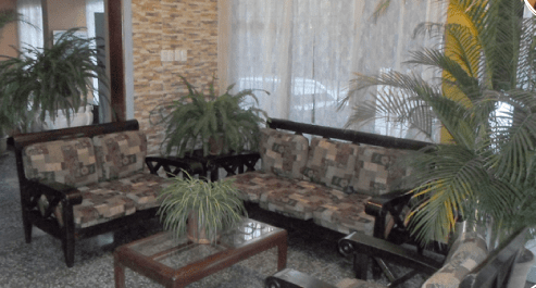 Asientos de patio interior con sofás estampados, mesa de cristal y plantas en macetas.