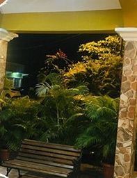Entrada nocturna al jardín con banco de madera, plantas exuberantes y pilares de piedra bajo un toldo amarillo.