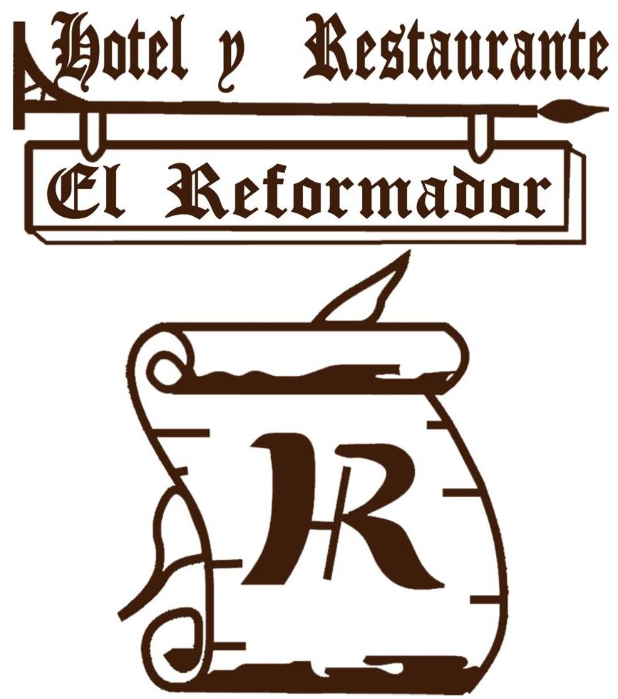 Logotipo del Hotel y Restaurante El Retornado en color marrón, con un pergamino y un emblema de una “R” estilizada.
