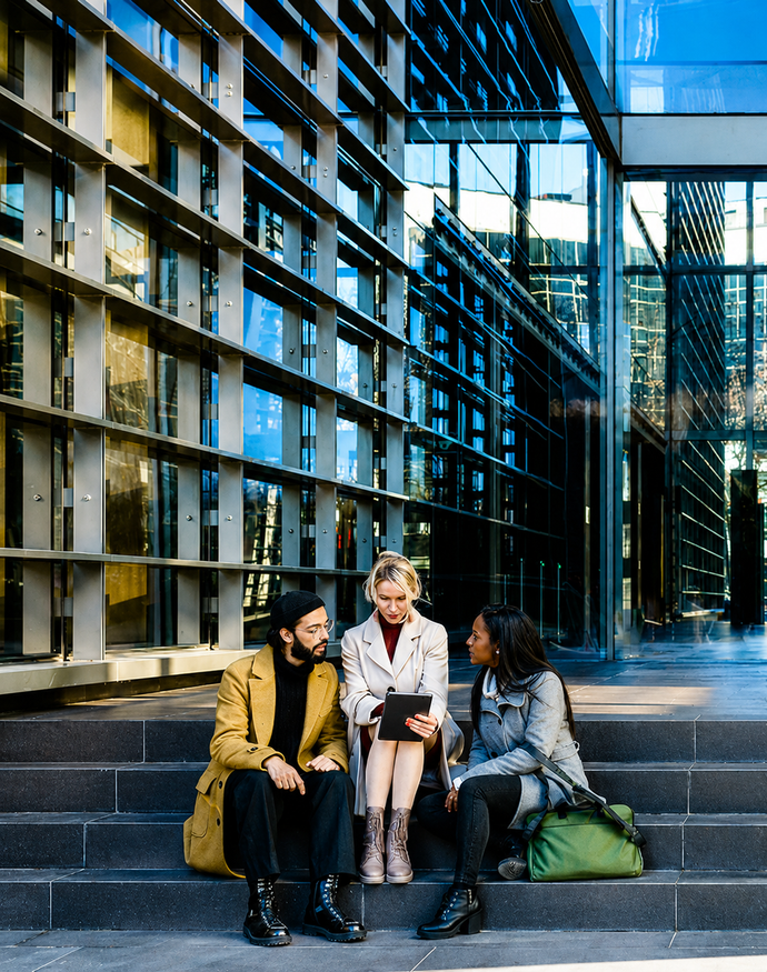 Three people sit on steps outside a glass-fronted modern building, talking together.