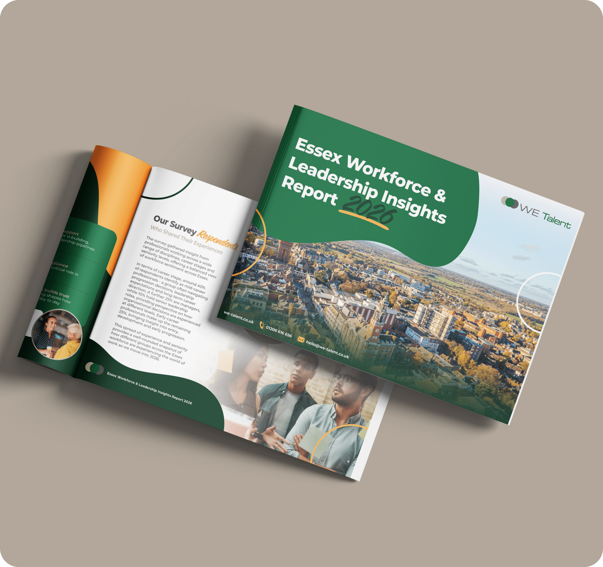 Open magazine spread and cover for “ESEK Workforce & Leadership Insights Report” on a beige background