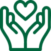 Green line icon of hands holding a heart above them