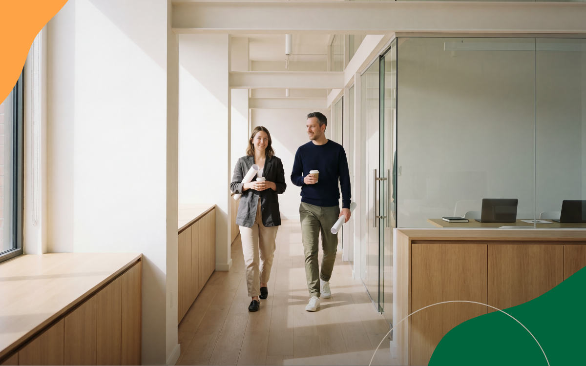 Two coworkers walking down a bright office hallway, talking and carrying drinks.