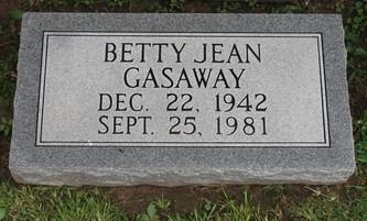 Gray headstone of Betty Jean Gasaway, born December 22, 1942, died September 25, 1981, in a grassy setting.