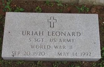 Grave of Uriah Leonard, S Sgt US Army, World War II. Dates: Sep 20, 1920 - May 14, 1992. Gray stone with a cross.