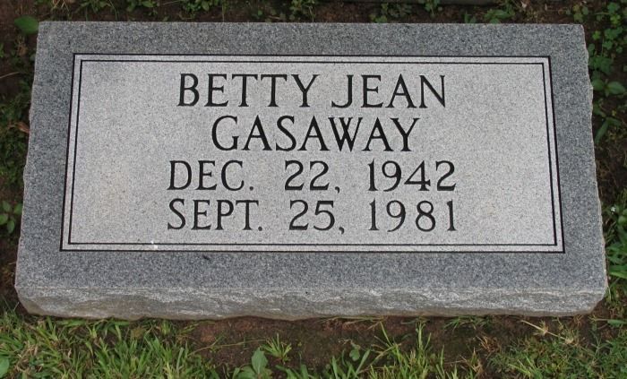 Tombstone for Betty Jean Gasaway, born December 22, 1942, died September 25, 1981, set in grass.