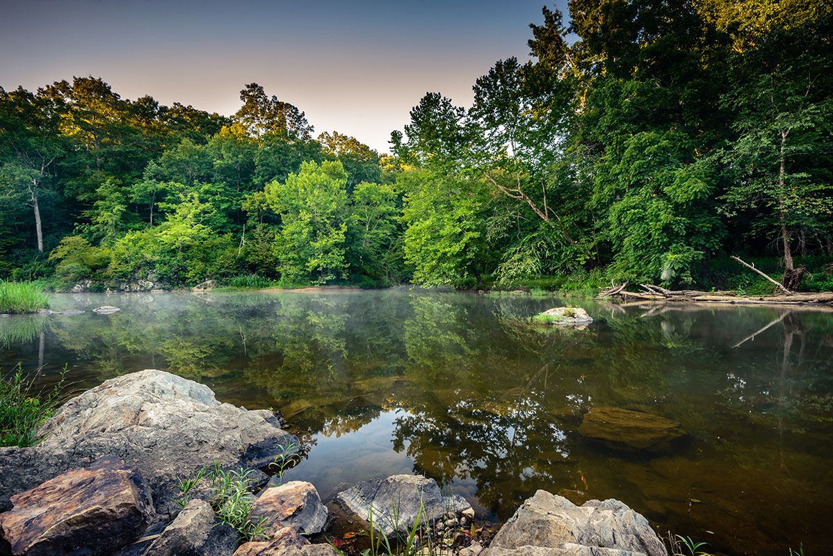 Still water reflects lush green trees and a cloudy sky. Rocky bank in the foreground.