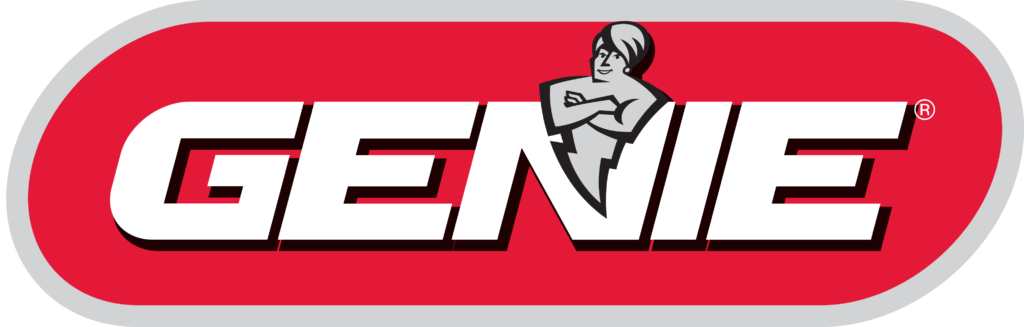 Genie logo with a muscular man and the brand name in white on a red rounded rectangle.