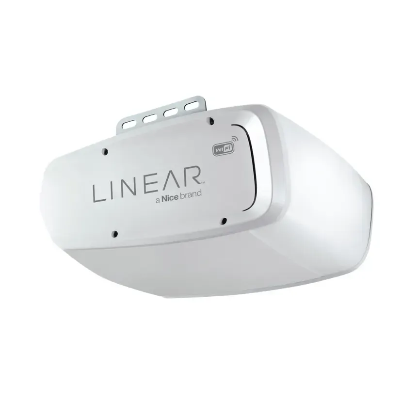 A white Linear garage door opener mounted on a white ceiling.
