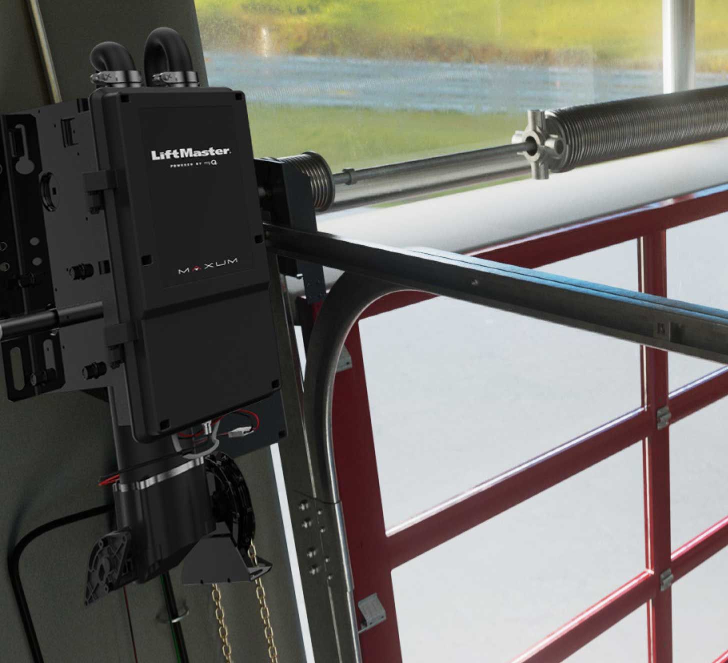 LiftMaster garage door opener with chain drive, mounted on the ceiling.