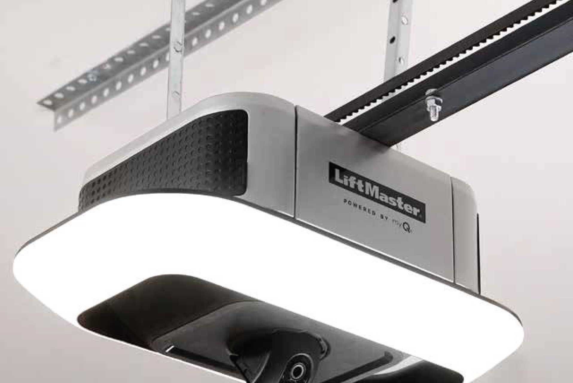 LiftMaster garage door opener with chain drive, mounted on the ceiling.