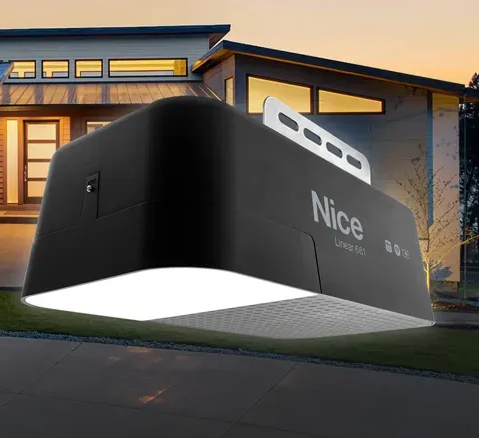 Black Linear garage door opener with a white light enclosure.