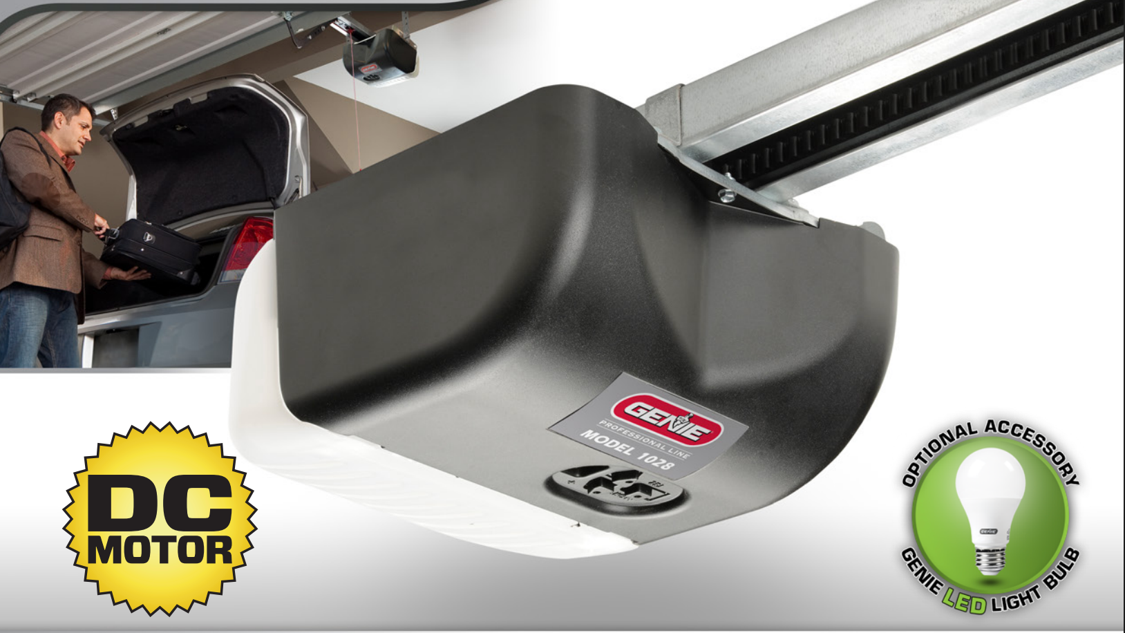 Garage door opener with person at a car, showing a DC motor and LED light.