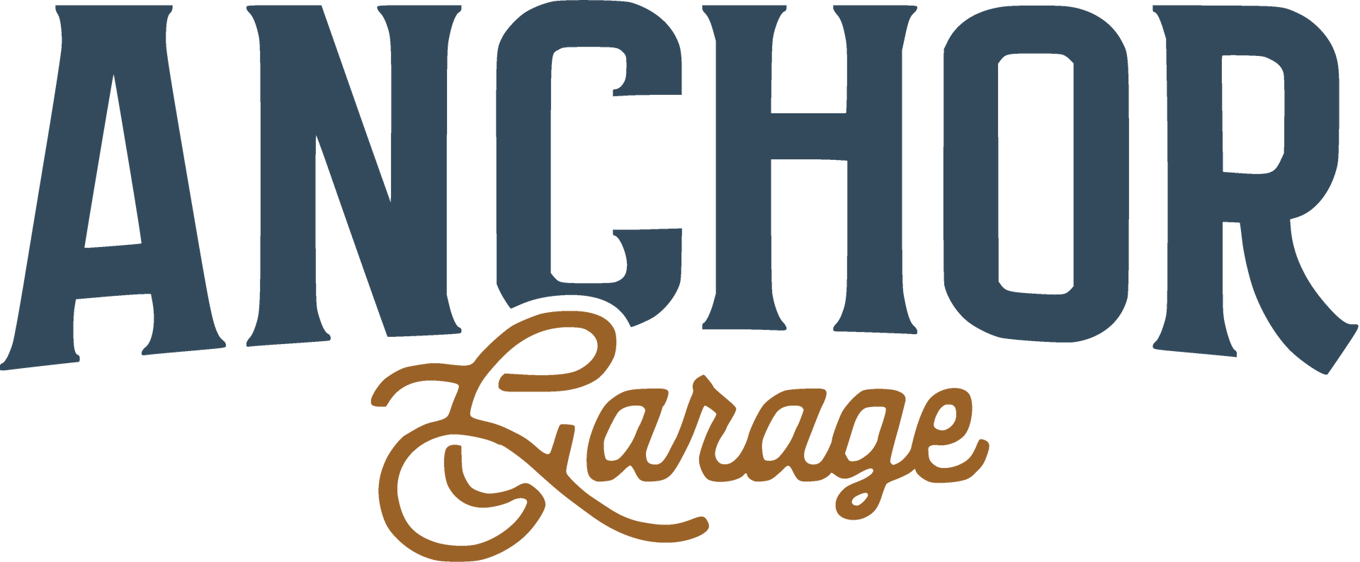 Anchor Garage logo in navy and gold script on a white background
