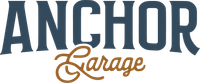 Anchor Garage logo in navy and gold script on a white background