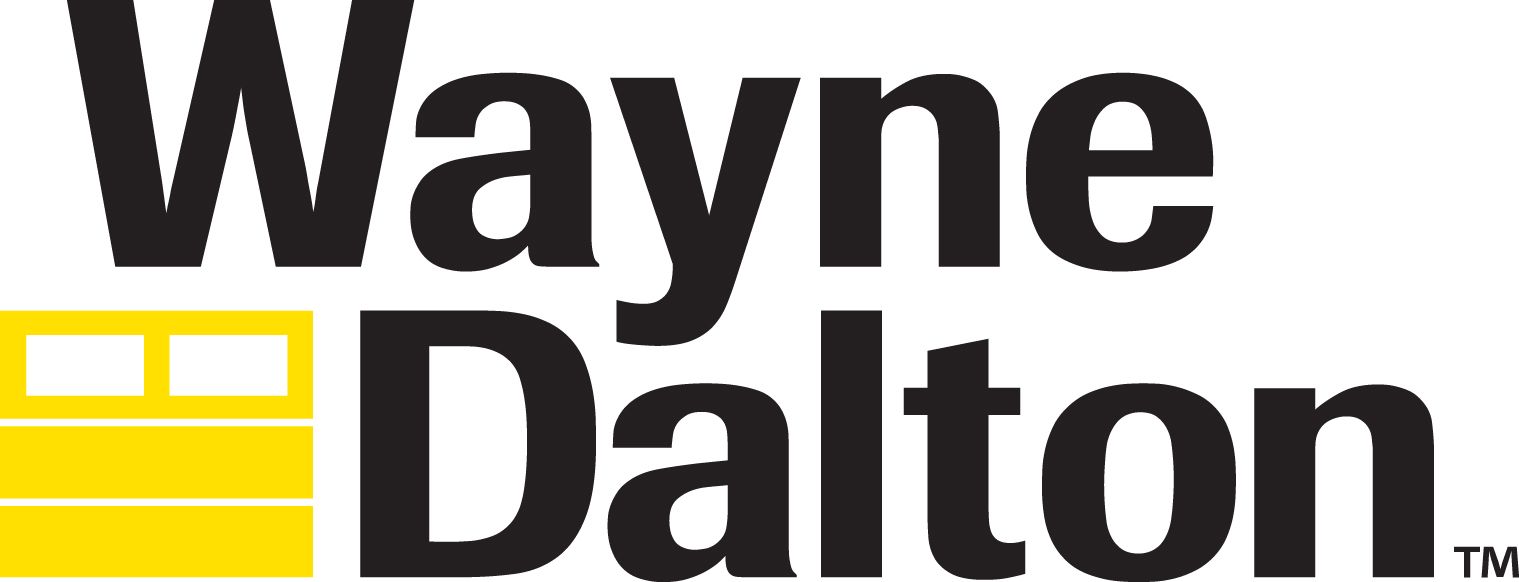Wayne Dalton logo: Black text on white background, yellow garage door graphic.