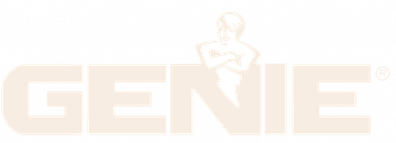 Genie logo with wordmark and genie figure on a red rounded rectangle.