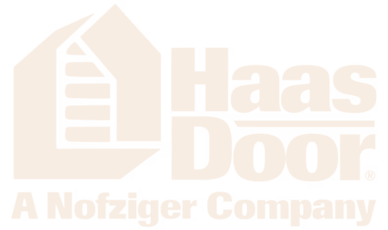 Haas Door logo on a gray rectangle. Green and blue door graphic, 