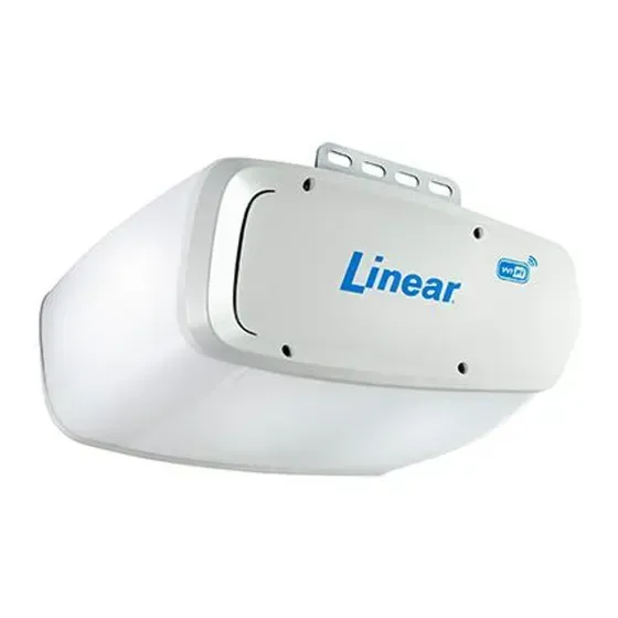 White Linear garage door opener with Wi-Fi, hanging from the ceiling.