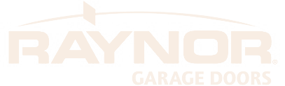 Raynor Garage Doors logo in light beige with a stylized door icon