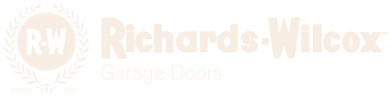 Richards-Wilcox garage doors logo in beige and white with circular RW emblem
