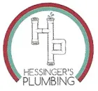Hessinger’s Plumbing logo with red and green arc framing stylized pipe letters on a white background