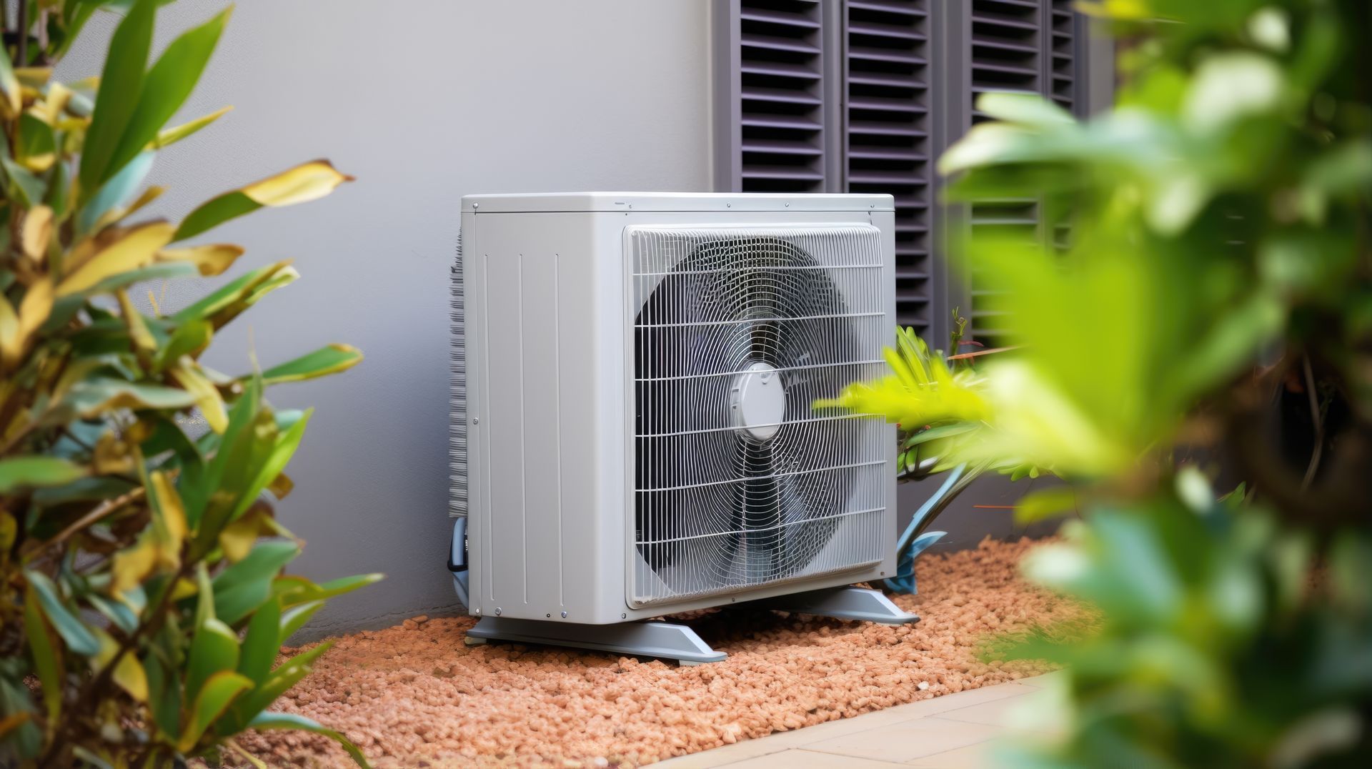 Outdoor air conditioner unit beside a house, framed by green bushes on a gravel bed.